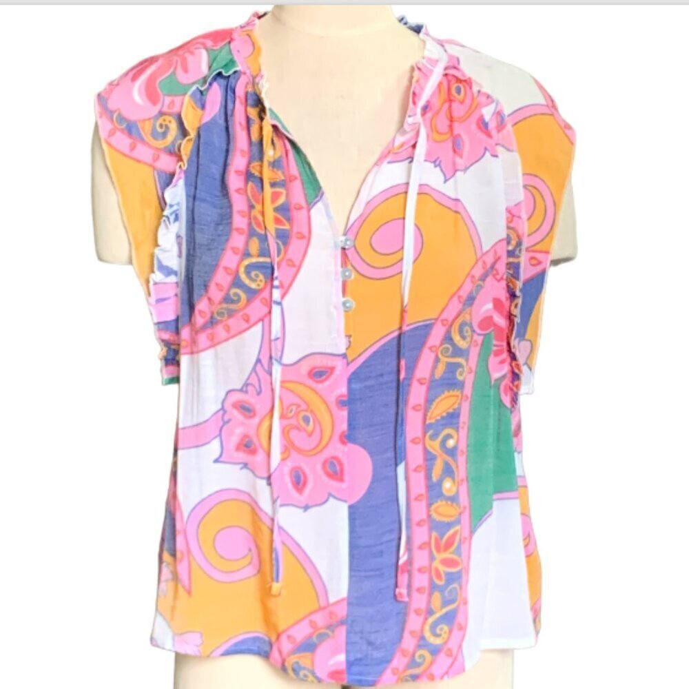 Harve' Benard‎ Artsy Retro Top Colorful Ruffle Tie-Neck Blouse 105C
